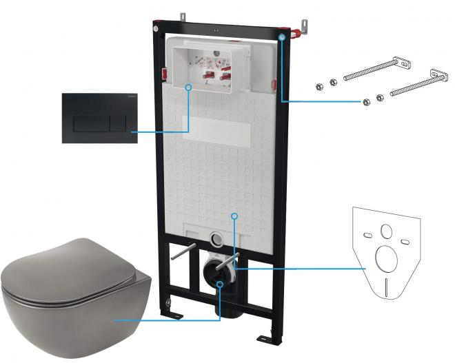 PEONIA АНТРАЦИТОВЫЙ НАСТЕННЫЙ ТУАЛЕТ БЕЗ ОБОДКА + СИДЕНЬЕ + НАСТЕННАЯ СКРЫТАЯ СИСТЕМА + КНОПКА УПРАВЛЕНИЯ SLIM NERO - NEW