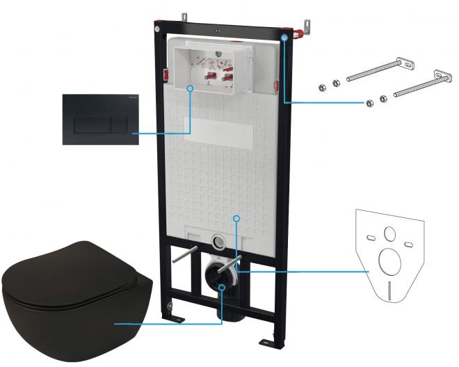 PEONIA NERO НАСТЕННЫЙ ТУАЛЕТ БЕЗ ОБОДКА + СИДЕНЬЕ + НАСТЕННАЯ СКРЫТАЯ СИСТЕМА + КНОПКА УПРАВЛЕНИЯ SLIM NERO