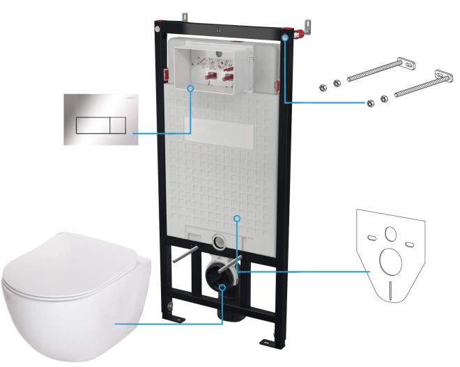 PEONIA НОВЫЙ НАСТЕННЫЙ ТУАЛЕТ БЕЗ ОБОДКА + СИДЕНЬЕ ДЛЯ ТУАЛЕТА + НАСТЕННАЯ СКРЫТАЯ СИСТЕМА + КНОПКА УПРАВЛЕНИЯ SLIM CHROME