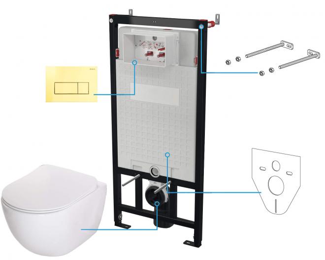 PEONIA НОВЫЙ НАСТЕННЫЙ ТУАЛЕТ БЕЗ ОБОДКА + СИДЕНЬЕ ДЛЯ ТУАЛЕТА + НАСТЕННАЯ СКРЫТАЯ СИСТЕМА + КНОПКА УПРАВЛЕНИЯ SLIM GOLD
