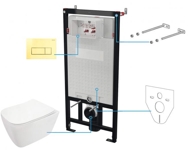 HIACYNT NEW НАСТЕННЫЙ МУФТ БЕЗ ОБОДКА + СИДЕНЬЕ ДЛЯ ТУАЛЕТА + НАСТЕННАЯ СКРЫТАЯ СИСТЕМА + КНОПКА УПРАВЛЕНИЯ SLIM GOLD - НОВИНКА