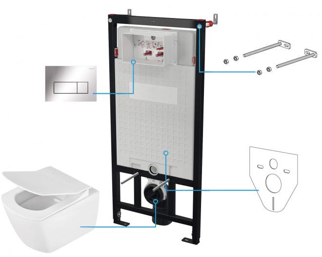 ANEMON НАСТЕННЫЙ ТУАЛЕТ БЕЗ ОБОДКА + СИДЕНЬЕ ДЛЯ ТУАЛЕТА + НАСТЕННАЯ СКРЫТАЯ СИСТЕМА + КНОПКА УПРАВЛЕНИЯ SLIM CHROME