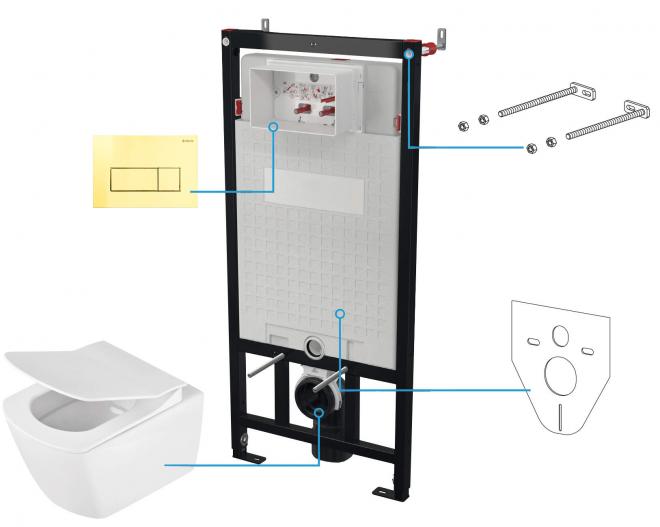 ANEMON НАСТЕННЫЙ ТУАЛЕТ БЕЗ ОБОДКА + СИДЕНЬЕ ДЛЯ ТУАЛЕТА + НАСТЕННАЯ СКРЫТАЯ СИСТЕМА + КНОПКА УПРАВЛЕНИЯ SLIM GOLD - NEW