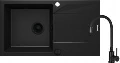 КОМПЛЕКТ: ГРАНИТНАЯ МОЙКА ZQJ N113 + СМЕСИТЕЛЬ ДЛЯ МОЙКИ С ГИБКИМ ИЗЛИВОМ BOC N72M + ФИТИНГИ, NERO