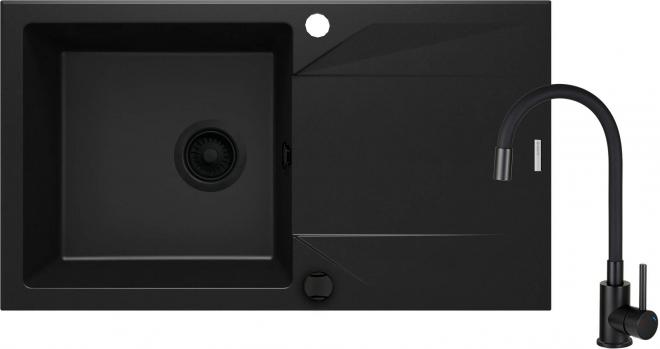 КОМПЛЕКТ: ГРАНИТНАЯ МОЙКА ZQJ N113 + СМЕСИТЕЛЬ ДЛЯ МОЙКИ С ГИБКИМ ИЗЛИВОМ BOC N72M + ФИТИНГИ, NERO
