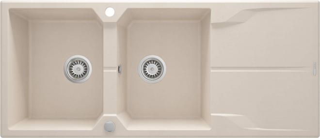 ANDANTE ГРАНИТНАЯ МОЙКА С 2 ЧАШАМИ С СУШИЛКОЙ 1160x500x224, 3,5'', БЕЖЕВАЯ, С ЭКОНОМЬЮЩИМ ПРОСТРАНСТВОМ