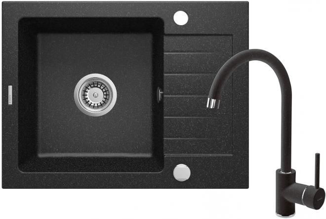 КОМПЛЕКТ: ГРАНИТНАЯ МОЙКА ZQZ_211A + СМЕСИТЕЛЬ ДЛЯ МОЙКИ С U-образным изливом BEN_262M + ФИТИНГИ, ГРАФИТ