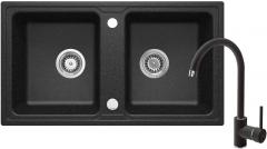 КОМПЛЕКТ: ГРАНИТНАЯ МОЙКА ZQZ_2203 + СМЕСИТЕЛЬ ДЛЯ МОЙКИ С U-образным изливом BEN_262M + ФИТИНГИ, ГРАФИТ