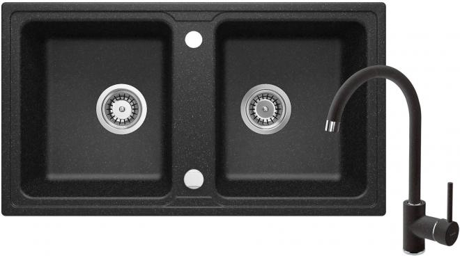 КОМПЛЕКТ: ГРАНИТНАЯ МОЙКА ZQZ_2203 + СМЕСИТЕЛЬ ДЛЯ МОЙКИ С U-образным изливом BEN_262M + ФИТИНГИ, ГРАФИТ