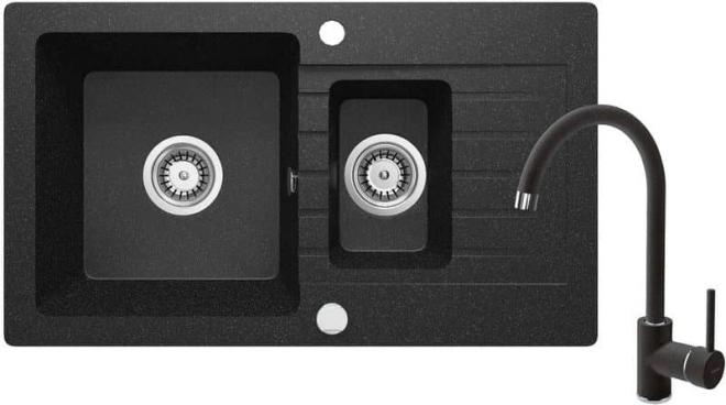 КОМПЛЕКТ: ГРАНИТНАЯ МОЙКА ZQZ_2513 + СМЕСИТЕЛЬ ДЛЯ МОЙКИ С U-образным изливом BEN_262M + ФИТИНГИ, ГРАФИТ