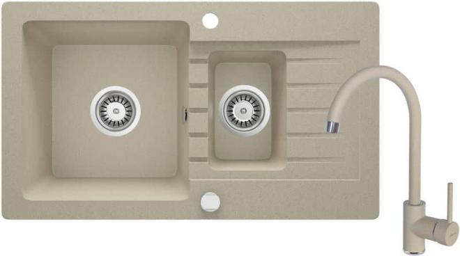 НАБОР: ГРАНИТНАЯ МОЙКА ZQZ_7513 + СМЕСИТЕЛЬ ДЛЯ МОЙКИ С U-образным изливом BEN_762M + ФИТИНГИ, ПЕСЧАНЫЙ