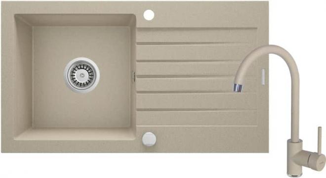 НАБОР: ГРАНИТНАЯ МОЙКА ZQZ_7113 + СМЕСИТЕЛЬ ДЛЯ МОЙКИ С U-образным изливом BEN_762M + ФИТИНГИ, ПЕСЧАНЫЙ