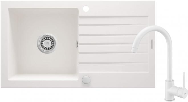 НАБОР: ГРАНИТНАЯ РАКОВИНА ZQZ_A113+СМЕСИТЕЛЬ ДЛЯ РАКОВИНЫ С U-образным изливом BEN_A62M+ФИТИНГИ, АЛАБАСТР