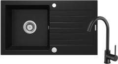 КОМПЛЕКТ: ГРАНИТНАЯ МОЙКА ZQZ_N113+СМЕСИТЕЛЬ ДЛЯ МОЙКИ С U-образным изливом BEU_B62M+ФИТИНГИ, NERO