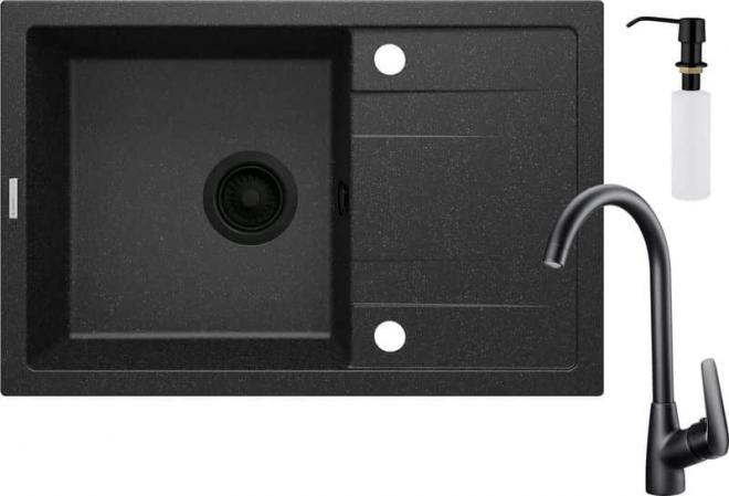 НАБОР: ГРАНИТНАЯ МОЙКА ZRC_2113 + СМЕСИТЕЛЬ ДЛЯ МОЙКИ NERO С U-образным изливом BMO_N62M + ФИТИНГИ NERO + ДОЗАТОР СРЕДСТВА ДЛЯ МОЙКИ, ГРАФИТ